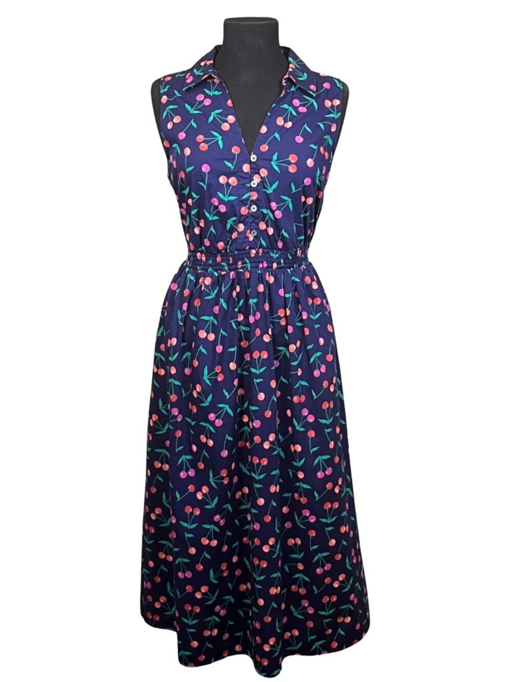 J.Crew Navy Cherry Print Collared Midi Dress Size 12